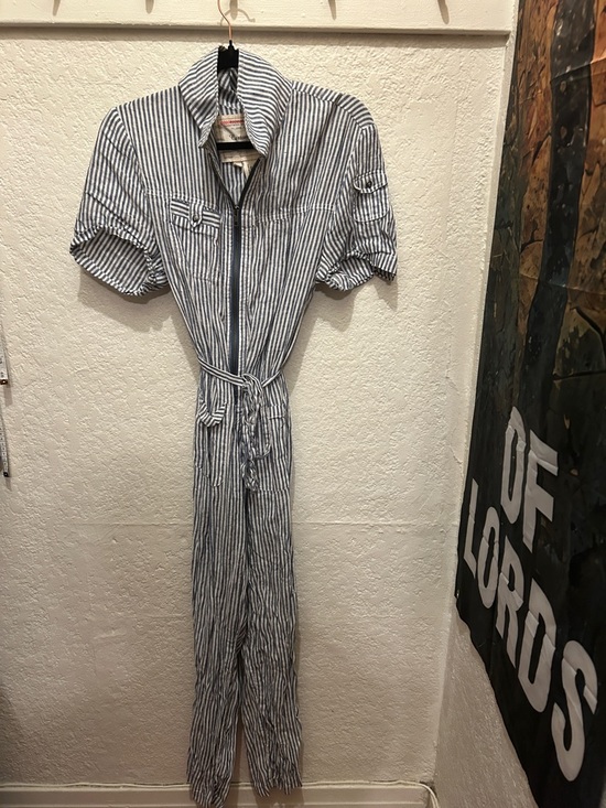 Cartonnier Pants - Cartonnier Blue and White Striped Cotton Jumpsuit
